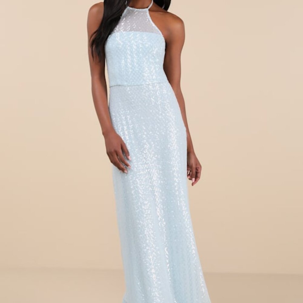 Lulus Kalina Light Blue Sequin Halter Maxi Dress - Size XL